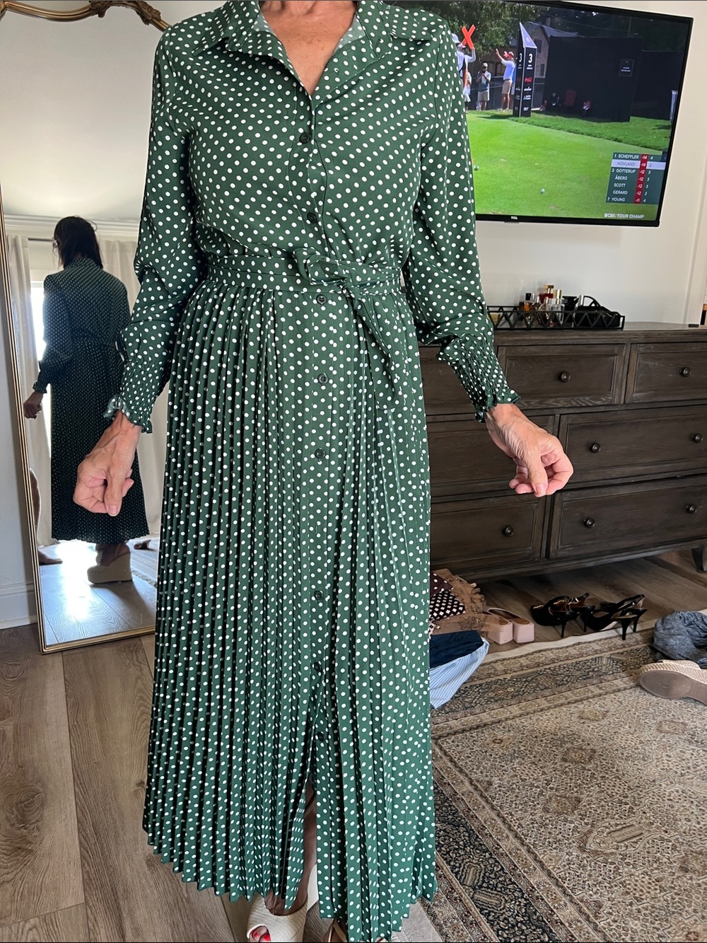 SHEIN Green Polka Dot Pleated Maxi Dress